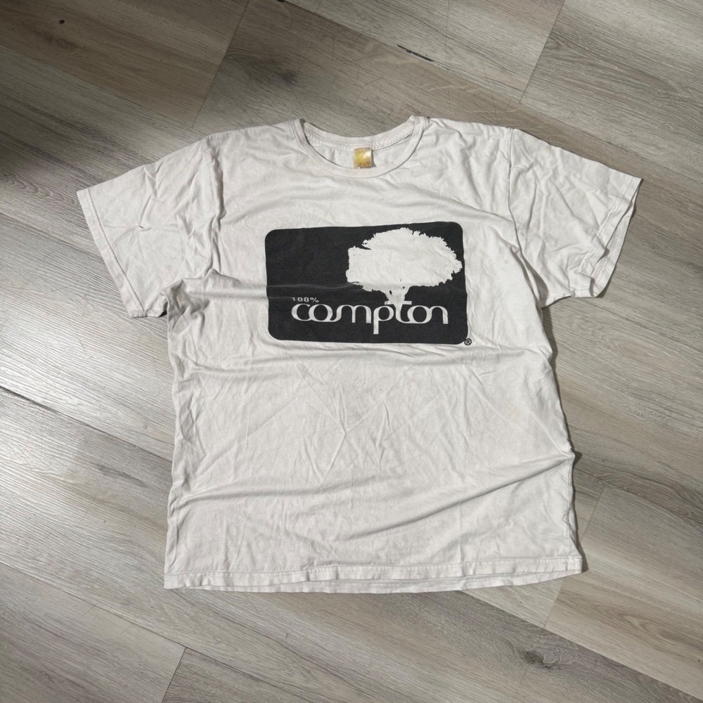 PK 100% Compton Graphic T-Shirt Mens Large White Good Short Sleeve Cotton Tee